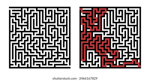 Labyrinth game way. Square maze, simple logic game with labyrinths way. How to find out quiz, finding exit path rebus or logic labyrinth challenge isolated vector illustration