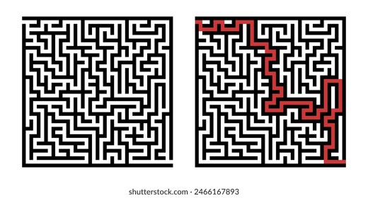 Labyrinth game way. Square maze, simple logic game with labyrinths way. How to find out quiz, finding exit path rebus or logic labyrinth challenge isolated vector illustration