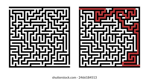 Labyrinth game way. Square maze, simple logic game with labyrinths way. How to find out quiz, finding exit path rebus or logic labyrinth challenge isolated vector illustration