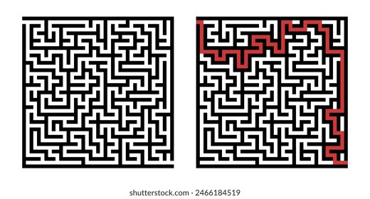 Laberinto a modo de juego. Laberinto cuadrado, simple juego de lógica con laberintos de manera. Cómo encontrar el quiz, encontrar la ruta de salida rebus o el desafío del laberinto lógico Ilustración vectorial aislada