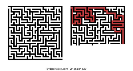 Labyrinth Spielweise. Quadratisches Labyrinth, einfaches Logikspiel mit Labyrinthen Weg. So finden Sie Quiz, Exit Path Rebus oder Logic Labyrinth Challenge isolierte Vektorillustration