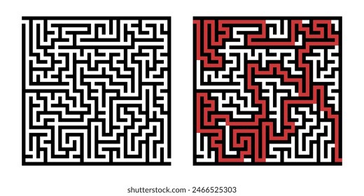 Laberinto a modo de juego. Laberinto cuadrado, simple juego de lógica con laberintos de manera. Cómo encontrar el quiz, encontrar la ruta de salida rebus o el desafío del laberinto lógico Ilustración vectorial aislada