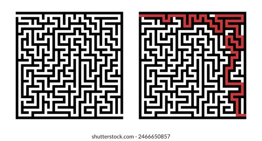 Labyrinth game way. Square maze, simple logic game with labyrinths way. How to find out quiz, finding exit path rebus or logic labyrinth challenge isolated vector illustration