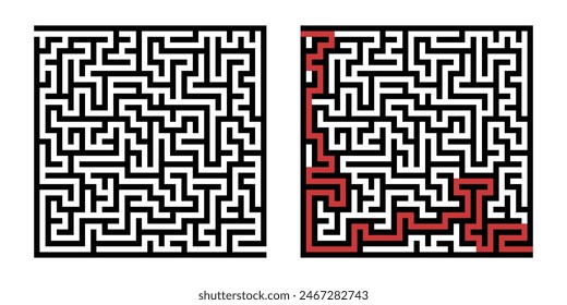 Labyrinth game way. Square maze, simple logic game with labyrinths way. How to find out quiz, finding exit path rebus or logic labyrinth challenge isolated vector illustration