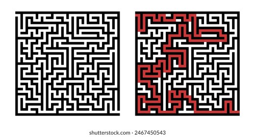 Laberinto a modo de juego. Laberinto cuadrado, simple juego de lógica con laberintos de manera. Cómo encontrar el quiz, encontrar la ruta de salida rebus o el desafío del laberinto lógico Ilustración vectorial aislada