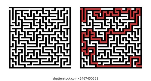 Labyrinth game way. Square maze, simple logic game with labyrinths way. How to find out quiz, finding exit path rebus or logic labyrinth challenge isolated vector illustration