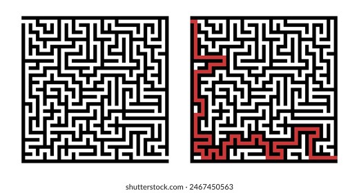 Labyrinth game way. Square maze, simple logic game with labyrinths way. How to find out quiz, finding exit path rebus or logic labyrinth challenge isolated vector illustration