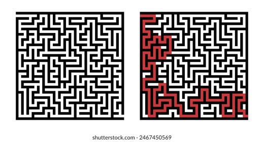 Labyrinth game way. Square maze, simple logic game with labyrinths way. How to find out quiz, finding exit path rebus or logic labyrinth challenge isolated vector illustration