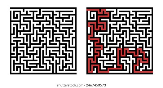 Labyrinth game way. Square maze, simple logic game with labyrinths way. How to find out quiz, finding exit path rebus or logic labyrinth challenge isolated vector illustration