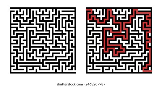 Laberinto a modo de juego. Laberinto cuadrado, simple juego de lógica con laberintos de manera. Cómo encontrar el quiz, encontrar la ruta de salida rebus o el desafío del laberinto lógico Ilustración vectorial aislada