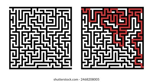 Labyrinth game way. Square maze, simple logic game with labyrinths way. How to find out quiz, finding exit path rebus or logic labyrinth challenge isolated vector illustration