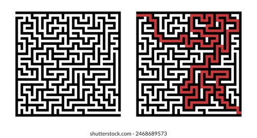 Labyrinth game way. Square maze, simple logic game with labyrinths way. How to find out quiz, finding exit path rebus or logic labyrinth challenge isolated vector illustration