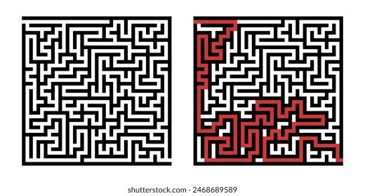 Labyrinth game way. Square maze, simple logic game with labyrinths way. How to find out quiz, finding exit path rebus or logic labyrinth challenge isolated vector illustration