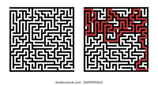 Labyrinth game way. Square maze, simple logic game with labyrinths way. How to find out quiz, finding exit path rebus or logic labyrinth challenge isolated vector illustration
