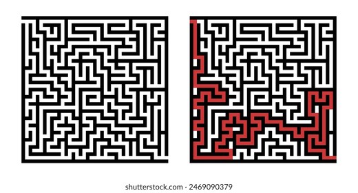 Labyrinth game way. Square maze, simple logic game with labyrinths way. How to find out quiz, finding exit path rebus or logic labyrinth challenge isolated vector illustration