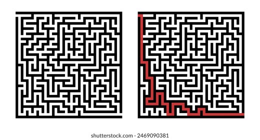 Laberinto a modo de juego. Laberinto cuadrado, simple juego de lógica con laberintos de manera. Cómo encontrar el quiz, encontrar la ruta de salida rebus o el desafío del laberinto lógico Ilustración vectorial aislada