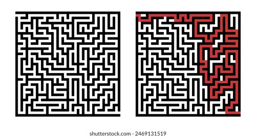 Laberinto a modo de juego. Laberinto cuadrado, simple juego de lógica con laberintos de manera. Cómo encontrar el quiz, encontrar la ruta de salida rebus o el desafío del laberinto lógico Ilustración vectorial aislada