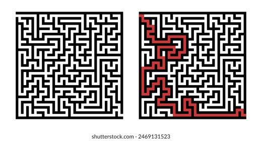 Labyrinth game way. Square maze, simple logic game with labyrinths way. How to find out quiz, finding exit path rebus or logic labyrinth challenge isolated vector illustration