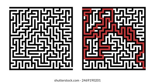 Laberinto a modo de juego. Laberinto cuadrado, simple juego de lógica con laberintos de manera. Cómo encontrar el quiz, encontrar la ruta de salida rebus o el desafío del laberinto lógico Ilustración vectorial aislada