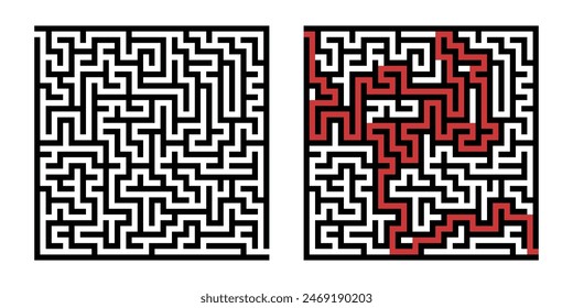 Labyrinth game way. Square maze, simple logic game with labyrinths way. How to find out quiz, finding exit path rebus or logic labyrinth challenge isolated vector illustration