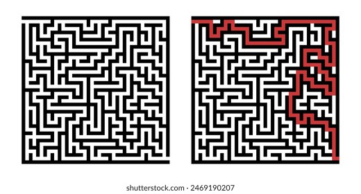 Labyrinth game way. Square maze, simple logic game with labyrinths way. How to find out quiz, finding exit path rebus or logic labyrinth challenge isolated vector illustration