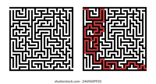 Labyrinth game way. Square maze, simple logic game with labyrinths way. How to find out quiz, finding exit path rebus or logic labyrinth challenge isolated vector illustration