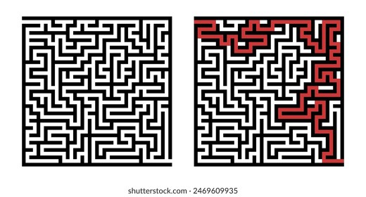 Labyrinth game way. Square maze, simple logic game with labyrinths way. How to find out quiz, finding exit path rebus or logic labyrinth challenge isolated vector illustration