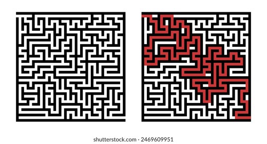 Labyrinth game way. Square maze, simple logic game with labyrinths way. How to find out quiz, finding exit path rebus or logic labyrinth challenge isolated vector illustration