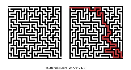 Labyrinth game way. Square maze, simple logic game with labyrinths way. How to find out quiz, finding exit path rebus or logic labyrinth challenge isolated vector illustration