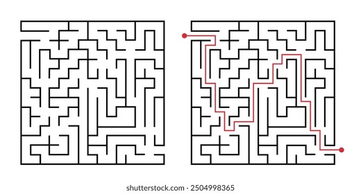 Labyrinthspiel-Art. Quadratisches Labyrinth, einfaches Logikspiel mit Labyrinthweg. So finden Sie Quiz, das Finden von Exit-Pfad rebus oder Logik-Labyrinth Herausforderung einzelne Vektorgrafik auf weißem Hintergrund