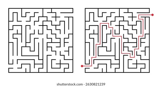 Labyrinth game way. Square maze, simple logic game with labyrinths way. How to find out quiz, finding exit path rebus or logic labyrinth challenge isolated vector illustration on white background