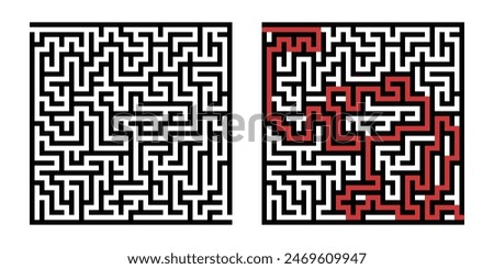 Labyrinth game way. Square maze, simple logic game with labyrinths way. How to find out quiz, finding exit path rebus or logic labyrinth challenge isolated vector illustration