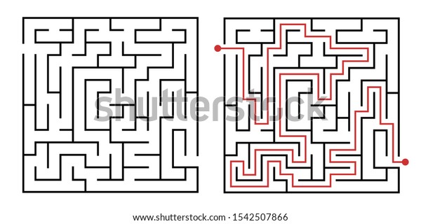 Labyrinth game\
way. Square maze, simple logic game with labyrinths way. How to\
find out quiz, finding exit path rebus or logic labyrinth challenge\
isolated vector\
illustration