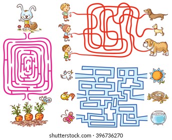 Labyrinth games set for preschoolers: find the way or match elements