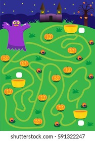 labyrinth. ghost. maze on halloween. find way where more pumpkins. cartoon vector with editable layers