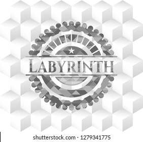 Labyrinth grey badge with geometric cube white background