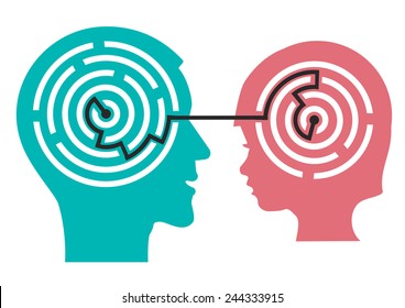 Labyrinth in the head of child. Male and child head silhouette with maze symbolizing psychological processes of understanding or child psychologist.  Vector illustration. 