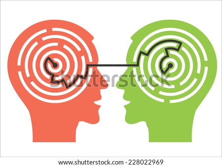 Labyrinth in the heads. Two male head silhouettes with maze symbolizing psychological processes of understanding. Vector illustration. 