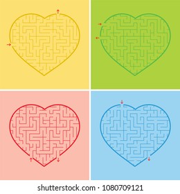 Labyrinth heart. A set of four options. A simple flat vector illustration isolated on a red background. An interesting game for children and teenagers