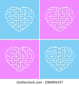 Labyrinth heart. A set of four options. Simple flat vector illustration isolated on a pink and blue background