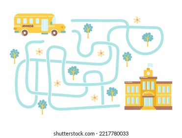 Labyrinth, help the bus find the right way to school. Logical quest for children. Cute illustration for children's books, educational game