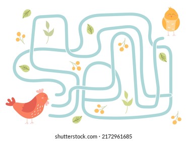 Labyrinth, help the chicken find the right way to the baby. Logical quest for children. Cute illustration for childrens books, educational game