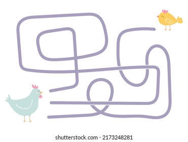 Labyrinth, help the chicken find the right way to the baby. Logical quest for children. Cute illustration for childrens books, educational game.