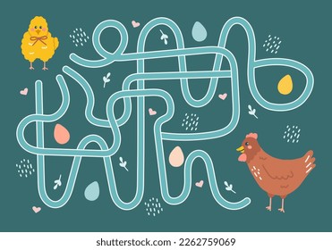 Labyrinth, help the chicken find the way to hen. Logical quest for children. Cute illustration for childrens books, educational game