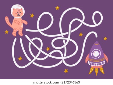 Labyrinth, help the cosmonaut cat find the right way to the rocket. Logical quest for children. Cute illustration for childrens books, educational game