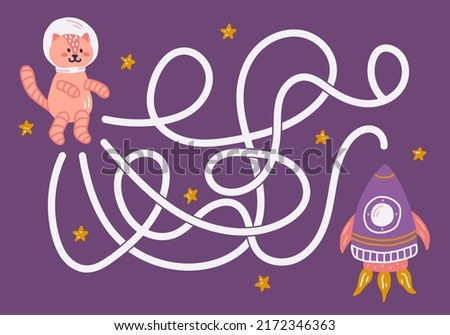 Labyrinth, help the cosmonaut cat find the right way to the rocket. Logical quest for children. Cute illustration for childrens books, educational game