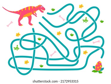Labyrinth, help the dinosaur find the right way to the egg. Logical quest for children. Cute illustration for childrens books, educational game