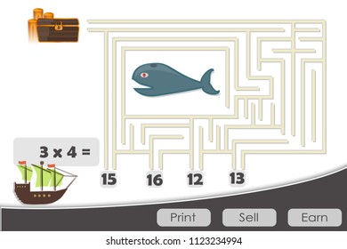 Labyrinth. Help find the way. Simple game. Learn the multiplication table. Print and play. Education. Arithmetic. Time test. Modern colors. Print and sell. 