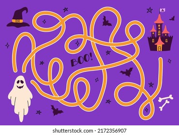 Labyrinth, help the ghost find the right way to the castle. Logical quest for children. Cute illustration for childrens books, educational game.