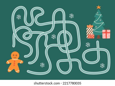 labyrinth, help the gingerbread man find the right way to the Christmas tree. Logical quest for children. Cute illustration for children's books, educational game